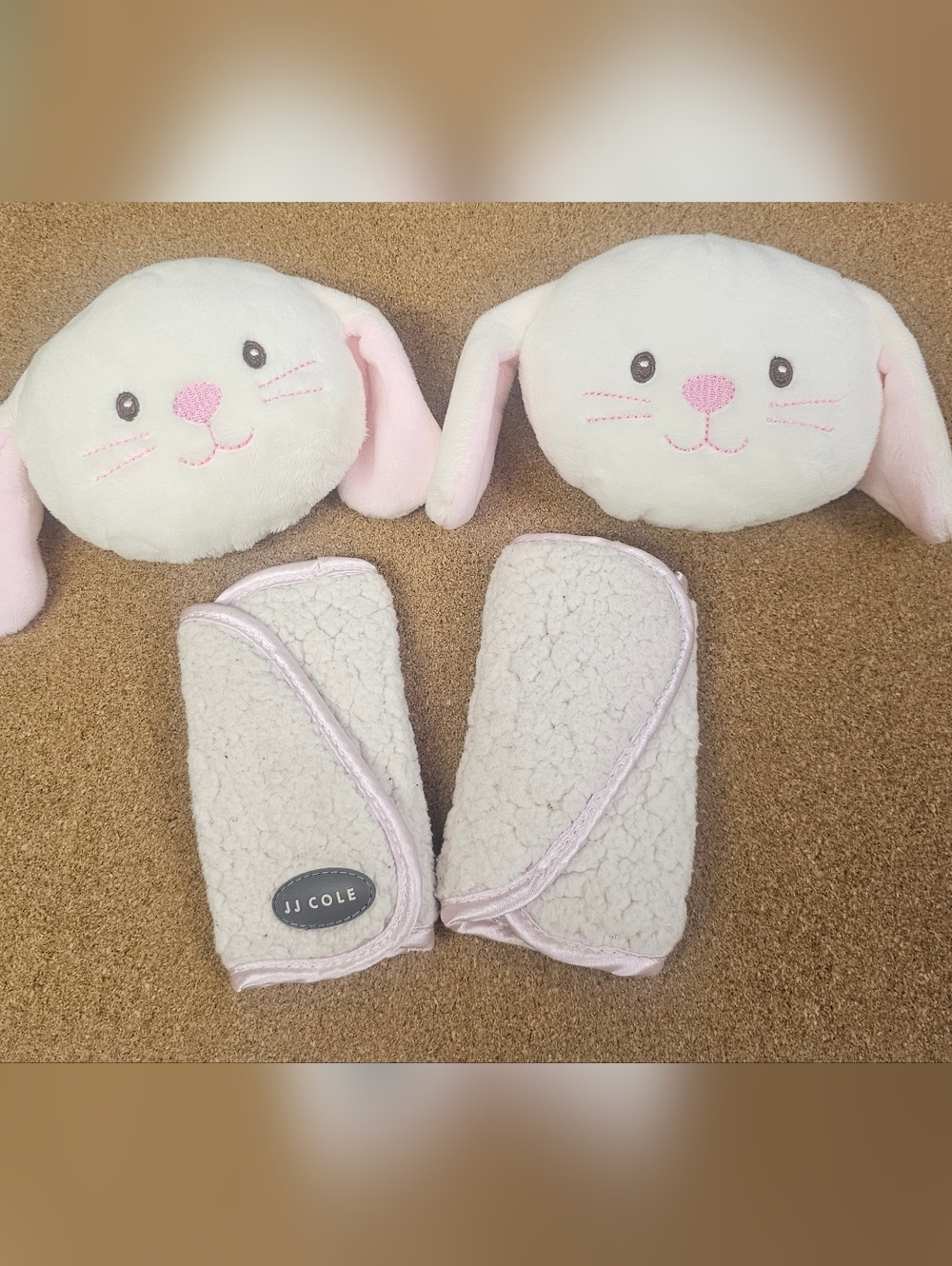 JJ Cole Cream Sherpa Stroller Strap Covers with Pink Trim And Bunny